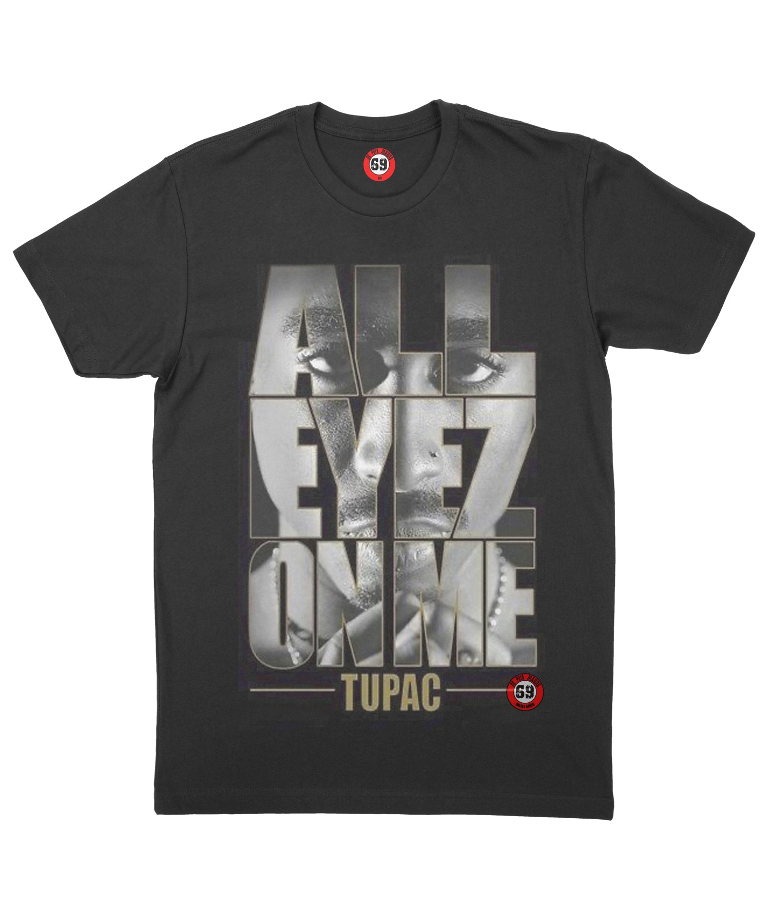 Men's crew-neck t-shirt featuring 2Pac All Eyez on Me design, made from breathable jersey cotton with high-quality prints.